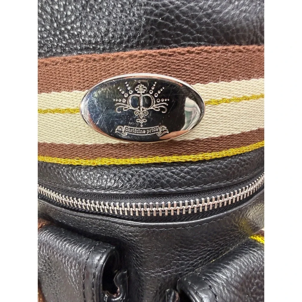 Christine Price Black Pebbled Hobo Bag Striped Silver Chain Shoulder Handbag